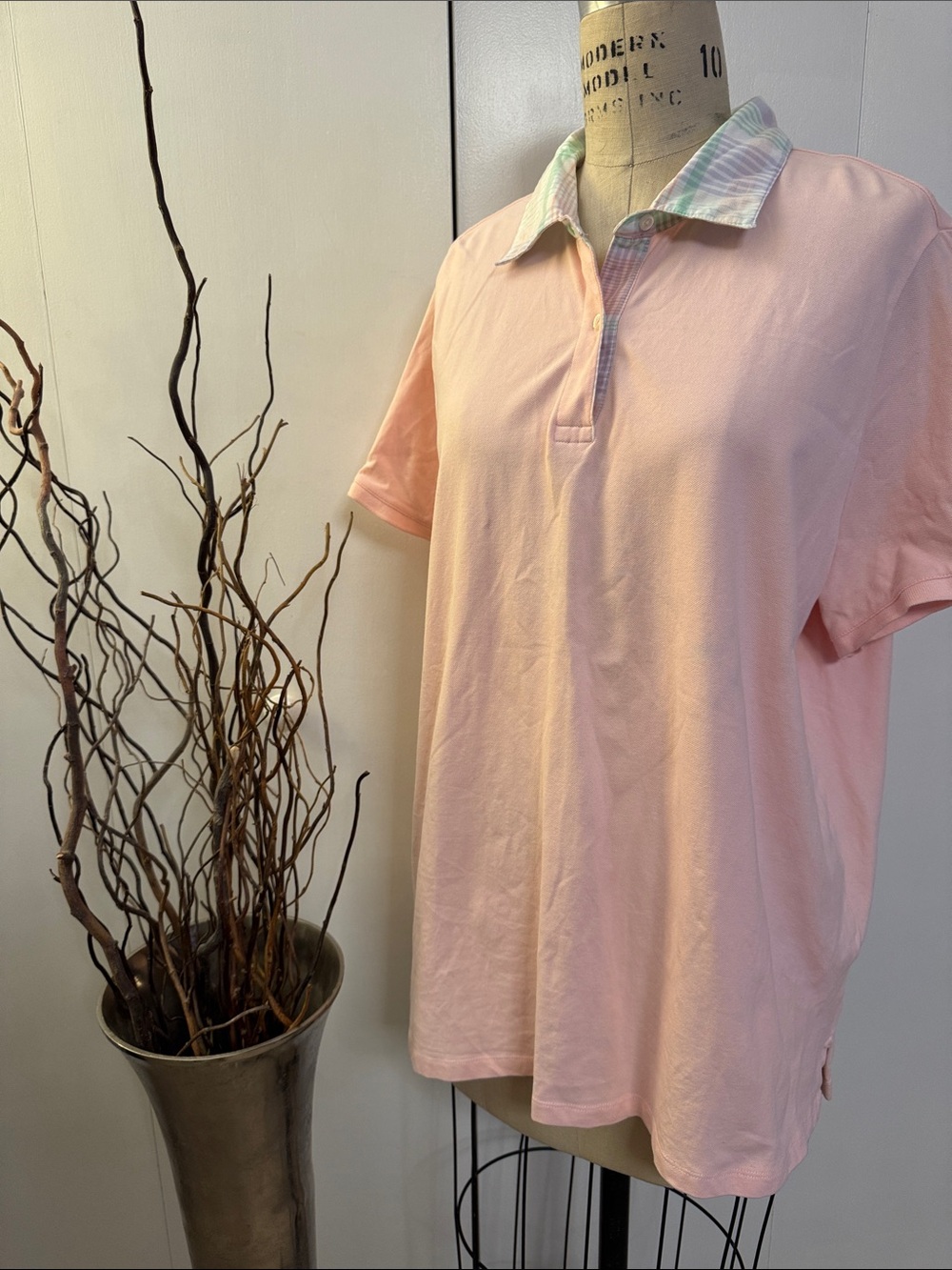 Lands' End Pink Polo with Pastel Plaid Trim